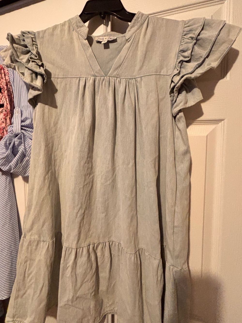 She + Sky Light blue Ruffle Sleeve V-Neck Tiered Dress